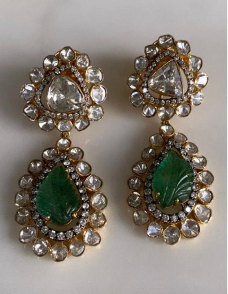 925 Silver Fairosha Polki Emerald Earrings - Amrrutam