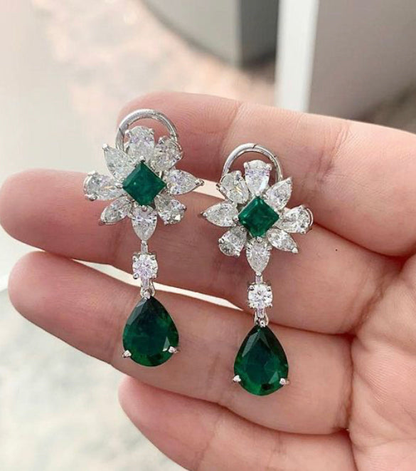 925 Silver Floral Swarovski Drop Earrings - Amrrutam