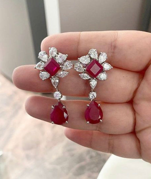 925 Silver Floral Swarovski Drop Earrings - Amrrutam