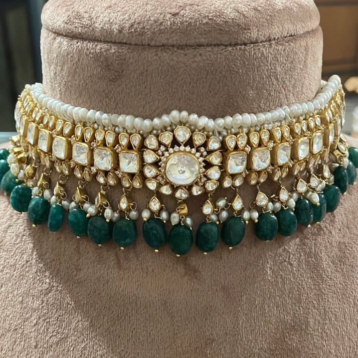 925 Silver Benares Polki Necklace - Amrrutam