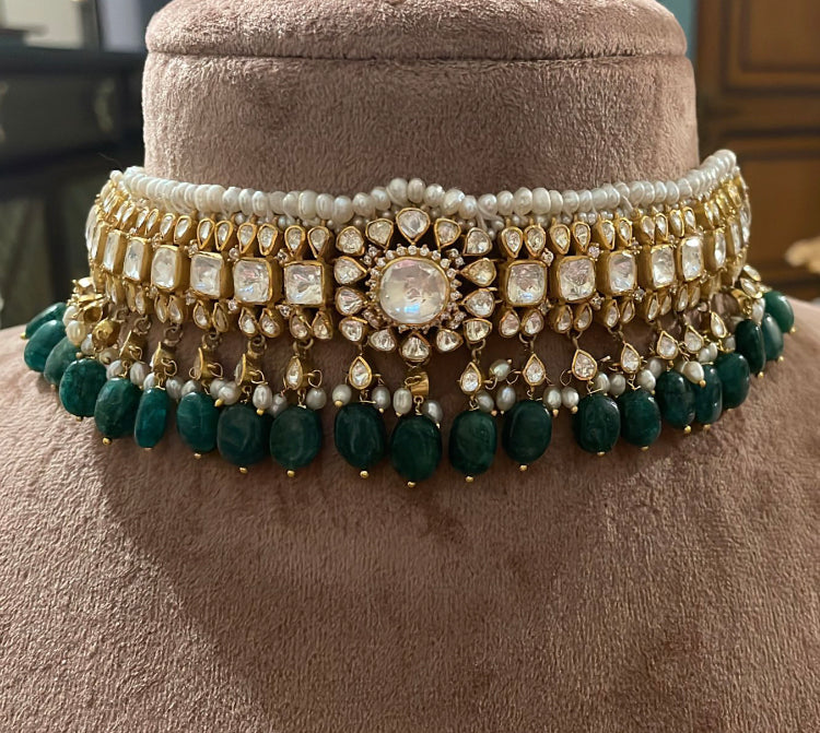925 Silver Benares Polki Necklace - Amrrutam