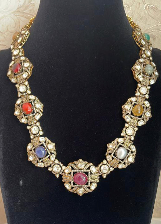 925 Silver Varsada Victorian Navratan Necklace - Amrrutam