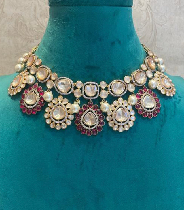 925 Silver Dainik Ruby Polki Choker Necklace - Amrrutam