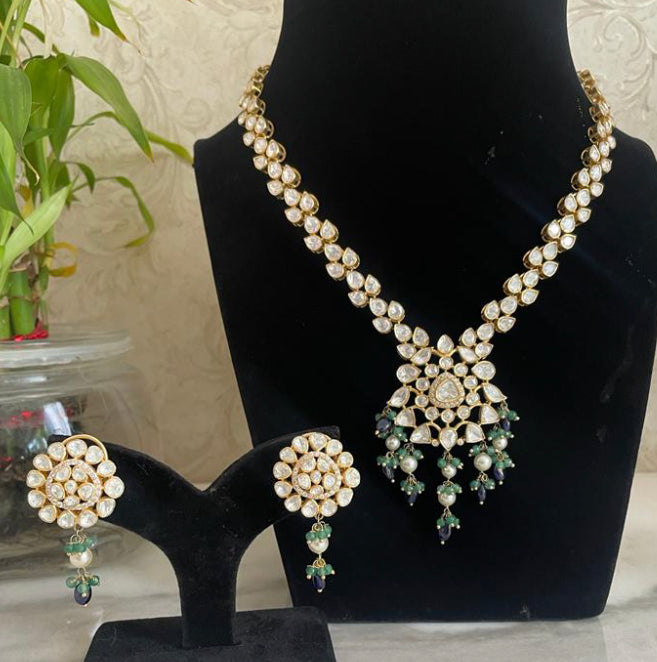 925 Silver Saksham Polki Rani Necklace Set - Amrrutam