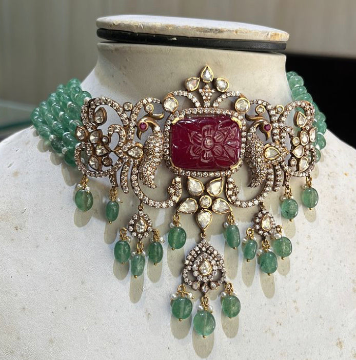 925 Silver Madira Ruby Polki Necklace - Amrrutam Jewellery