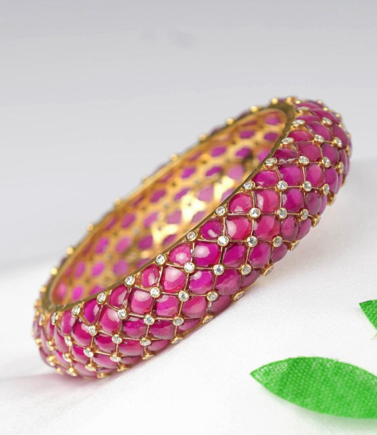 925 Silver Wedding Pink Polki Bangle - Amrrutam