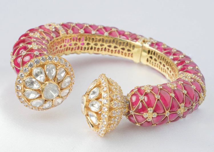 925 Silver Pink Polki Bangle - Amrrutam