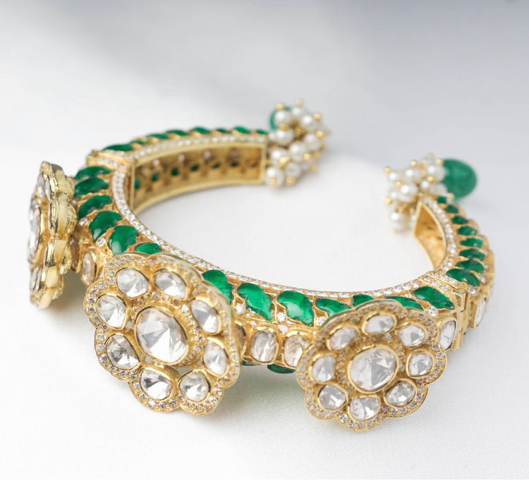 925 Silver Green Statement Polki Bangle - Amrrutam