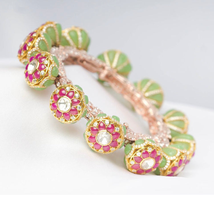 925 Silver Pink & Green Bangle - Amrrutam