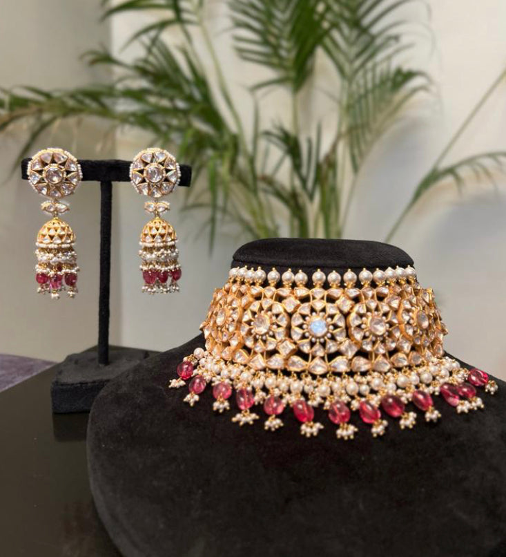 925 Silver Banshara Polki Necklace Set - Amrrutam