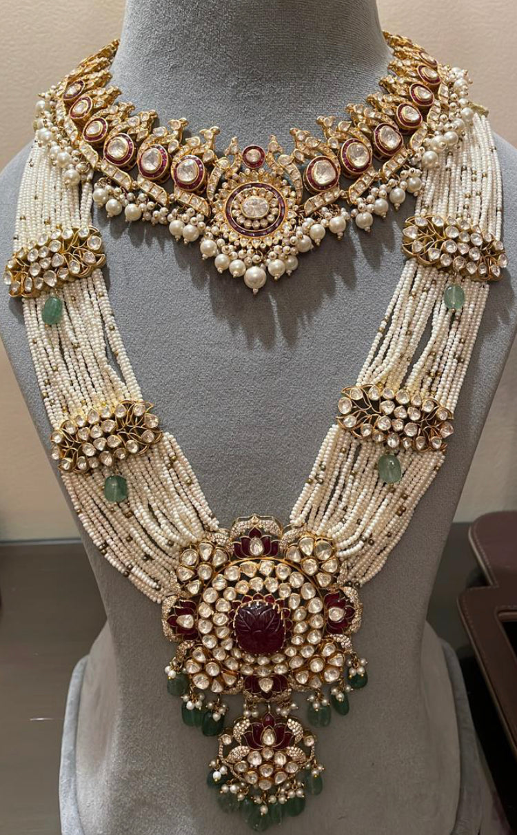 925 Silver Kalindini Polki Peacock Ruby Necklace - Amrrutam