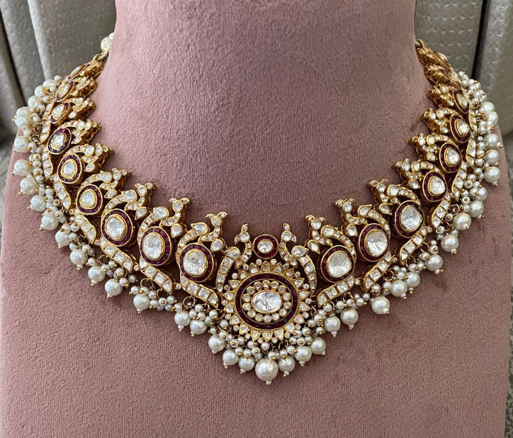 925 Silver Kalindini Polki Peacock Ruby Necklace - Amrrutam
