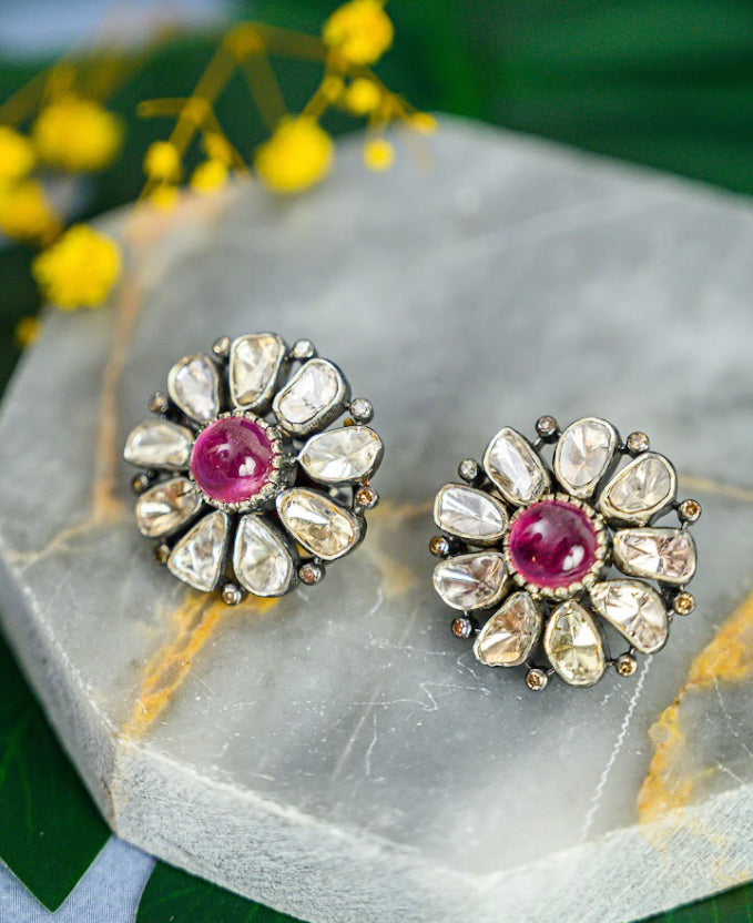925 Silver Bela Ruby Uncut Diamond Earrings - Amrrutam