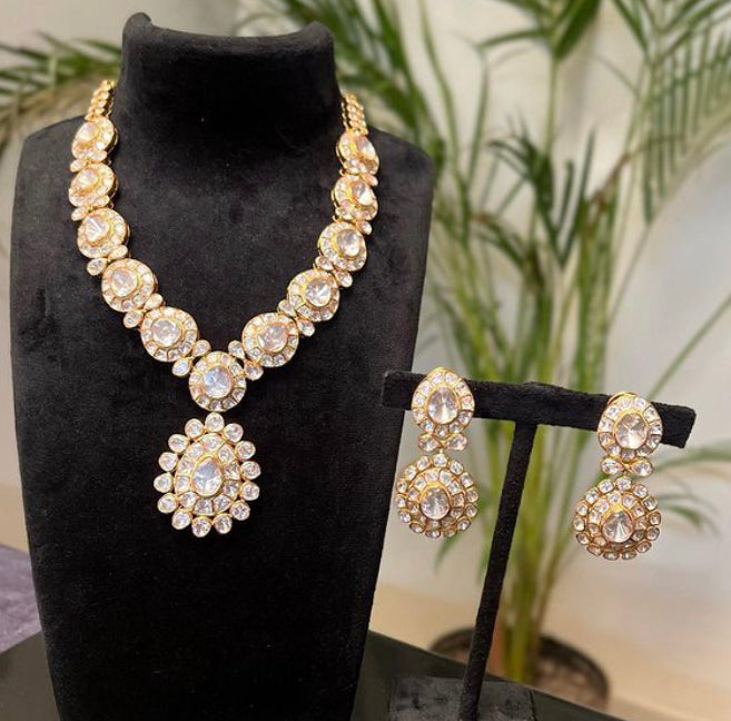 925 Silver Dwarka Polki Necklace Set - Amrrutam
