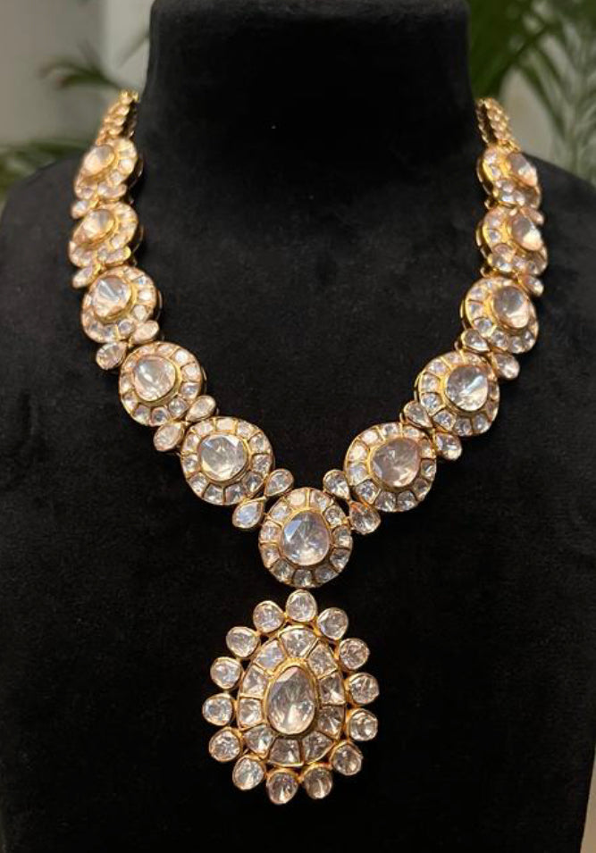 925 Silver Dwarka Polki Necklace Set - Amrrutam