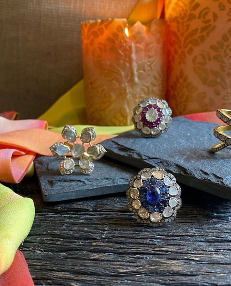 925 Silver Astrales Flower Ruby and Uncut Diamond Ring - Amrrutam