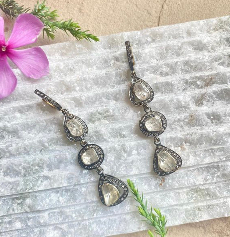 925 Silver 3 Piece Unshaped Uncut Diamond Earrings - Amrrutam