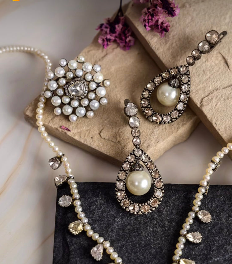 925 Silver Pearl Flower Web Uncut Diamond Earrings - Amrrutam