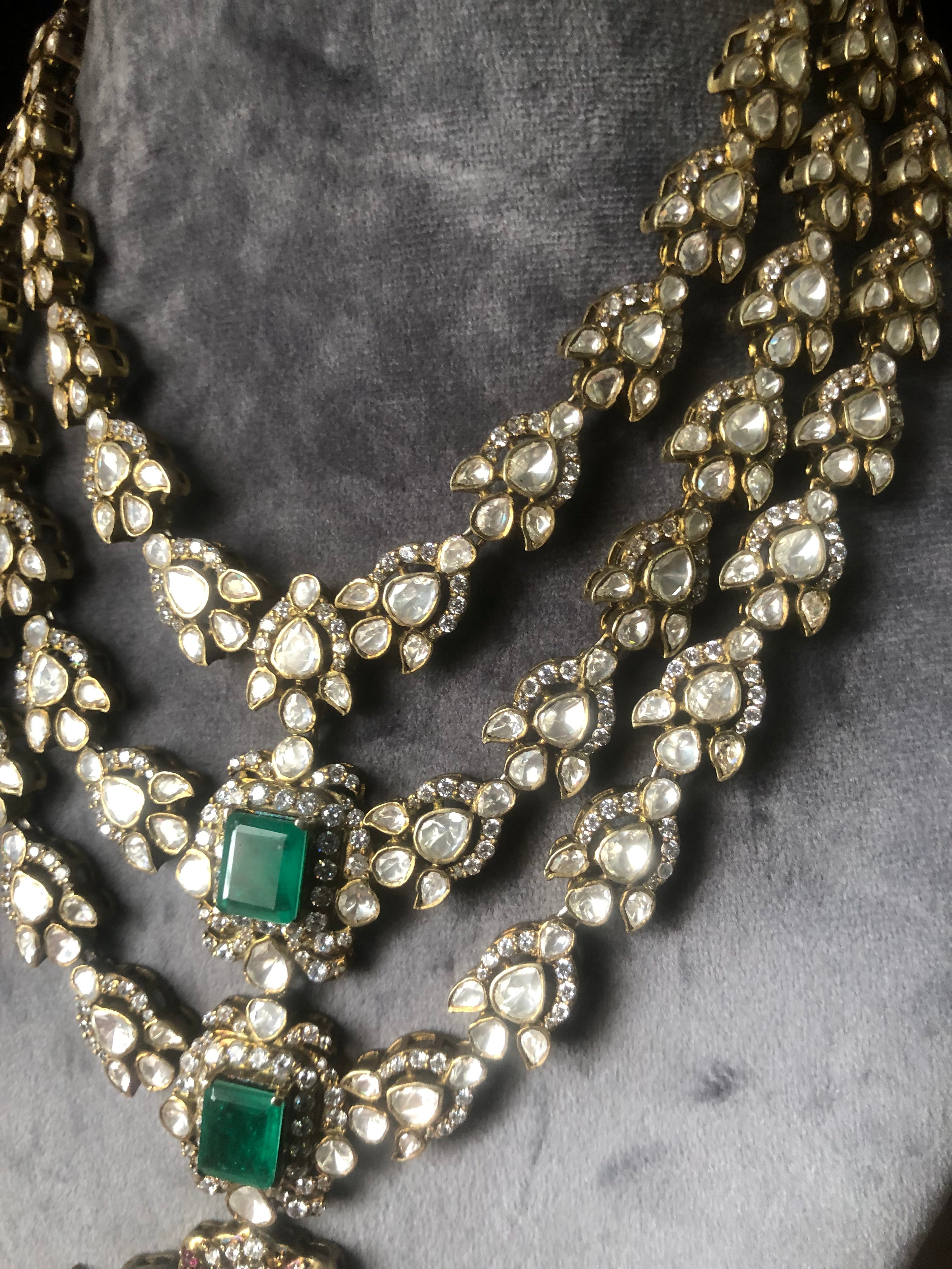 925 Silver Nirvaya Polki Emerald Bridal Necklace - Amrrutam Jewellery