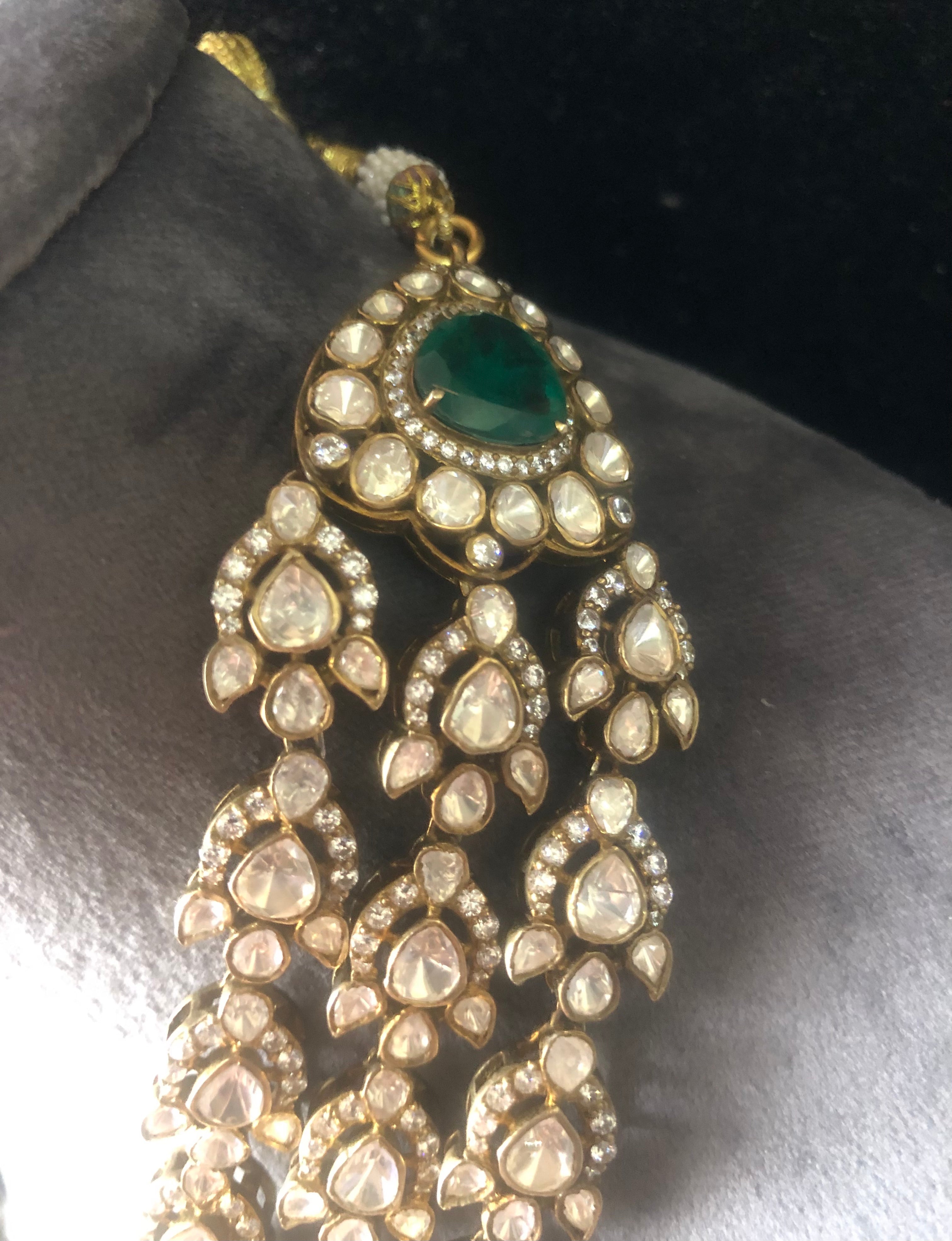 925 Silver Nirvaya Polki Emerald Bridal Necklace - Amrrutam Jewellery