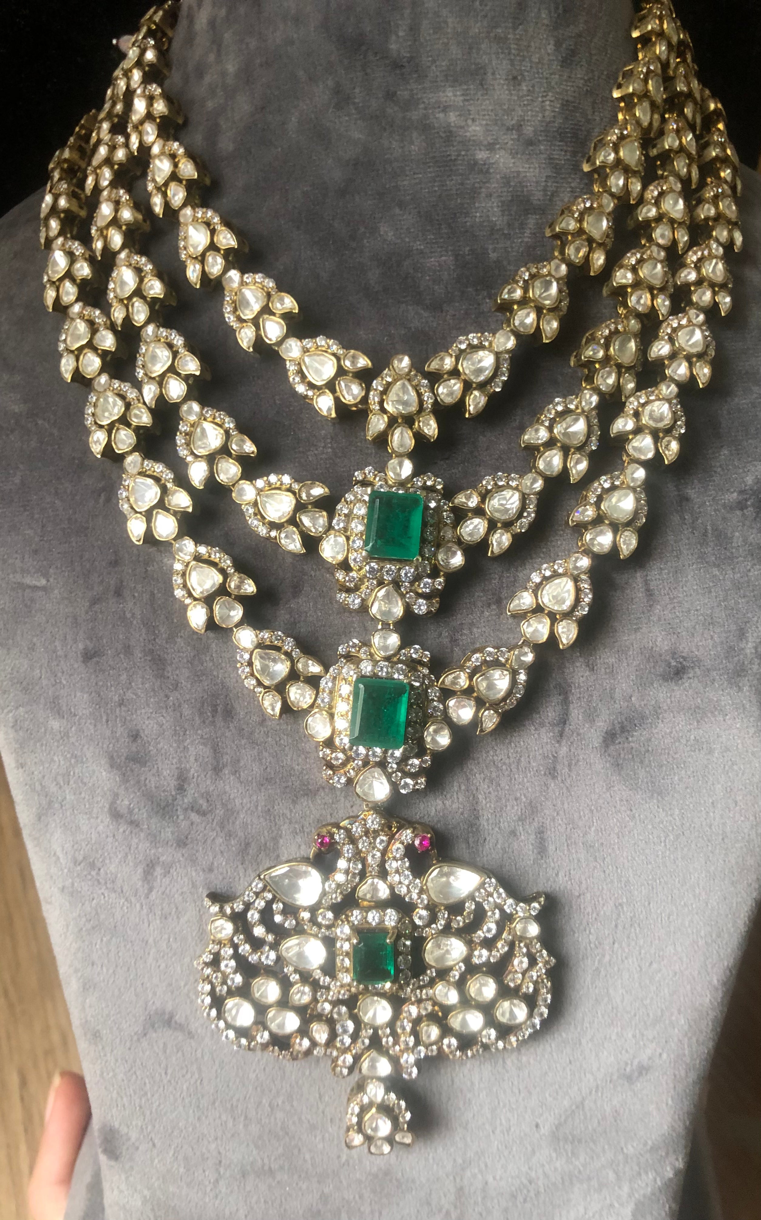 925 Silver Nirvaya Polki Emerald Bridal Necklace - Amrrutam Jewellery