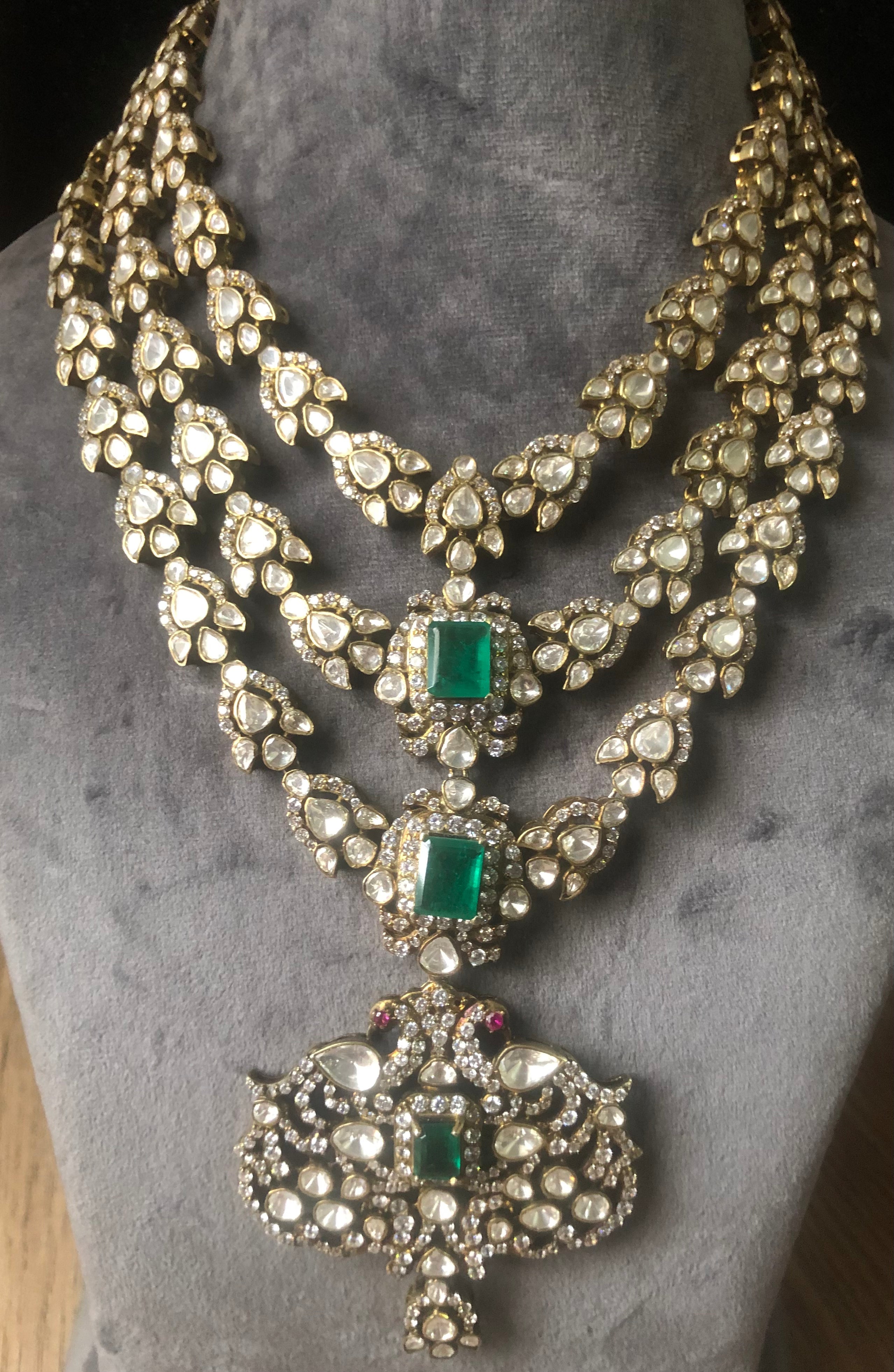 925 Silver Nirvaya Polki Emerald Bridal Necklace - Amrrutam Jewellery