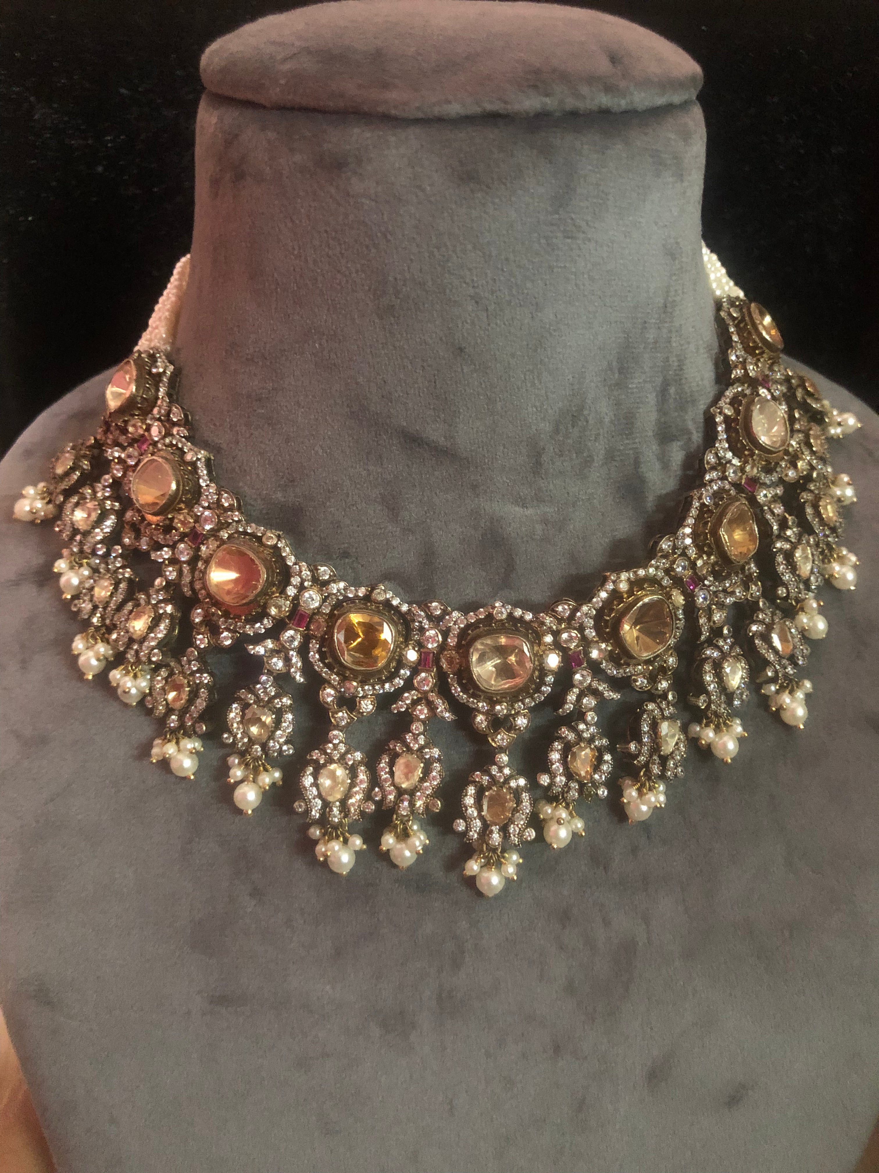 925 Silver Pukhraj Rani Polki Necklace Set - Amrrutam Jewellery