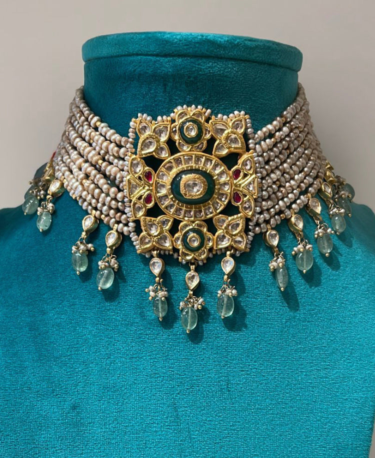 925 Silver Naveli Polki Choker Necklace - Amrrutam Jewellery
