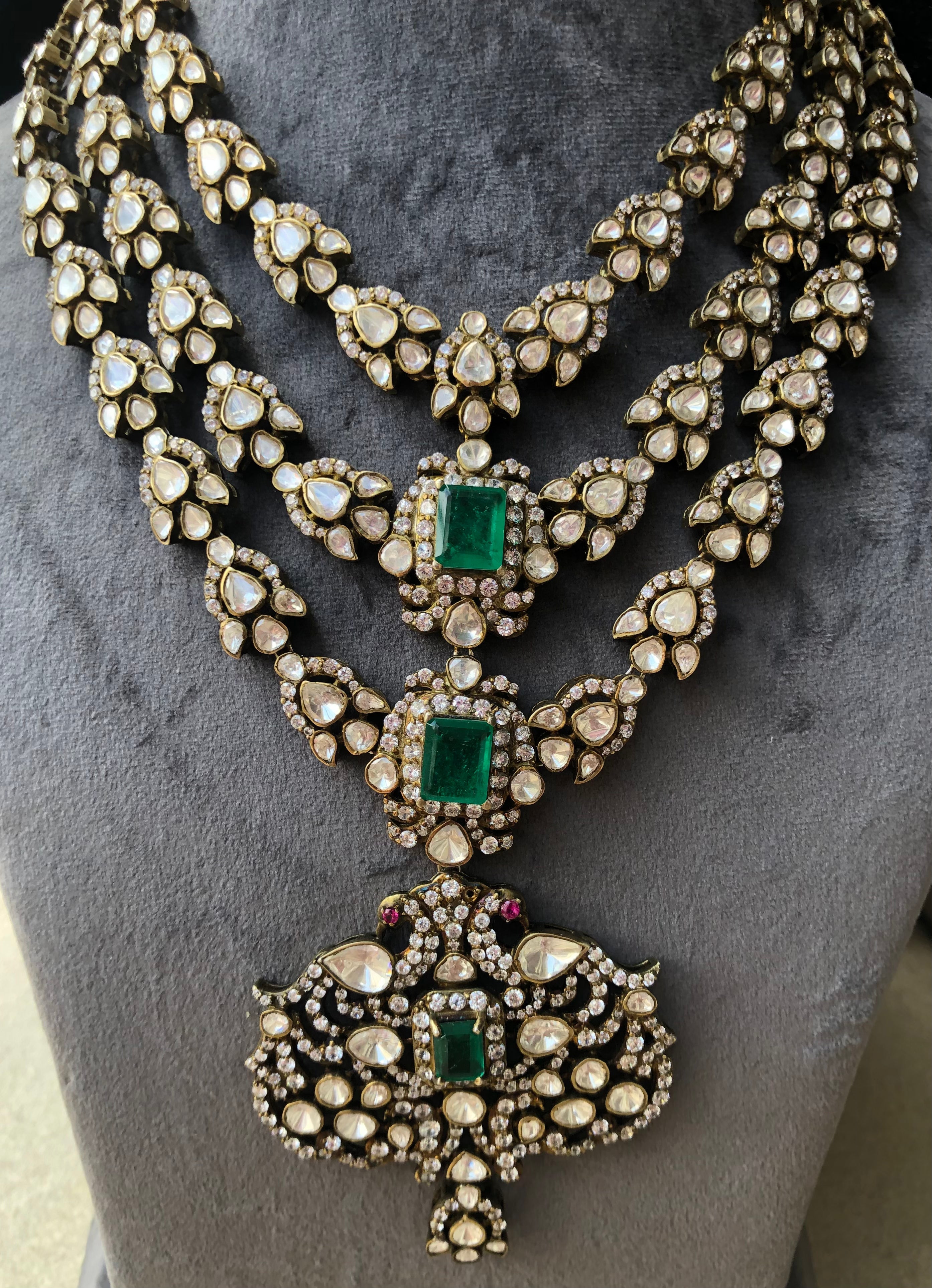 925 Silver Nirvaya Polki Emerald Bridal Necklace - Amrrutam Jewellery
