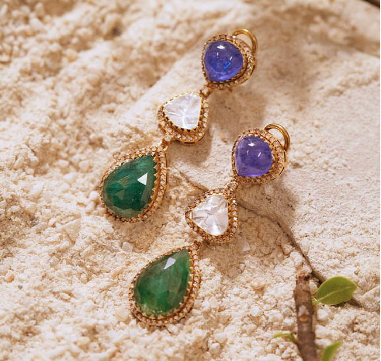 925 Silver Emerald and Tanzanite Uncut Diamond Earring - Amrrutam Jewellery