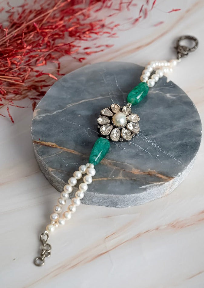 925 Silver Amaira Pastel Uncut Diamond Pearl Bracelet - Amrrutam