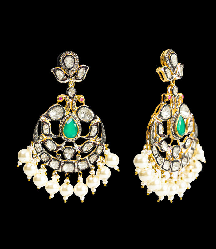925 Silver Asmal Emerald And Uncut Diamond Chandbali Earrings - Amrrutam