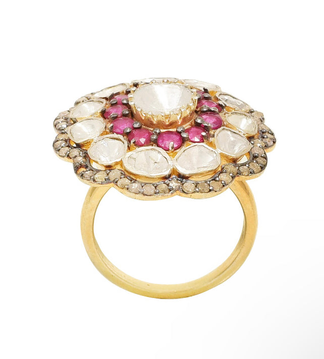 925 Silver Astrales Flower Ruby and Uncut Diamond Ring - Amrrutam