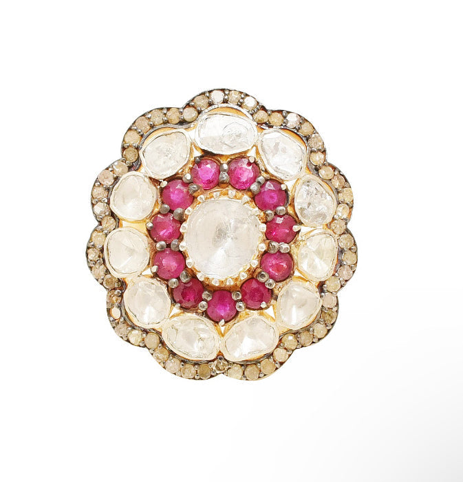925 Silver Astrales Flower Ruby and Uncut Diamond Ring - Amrrutam