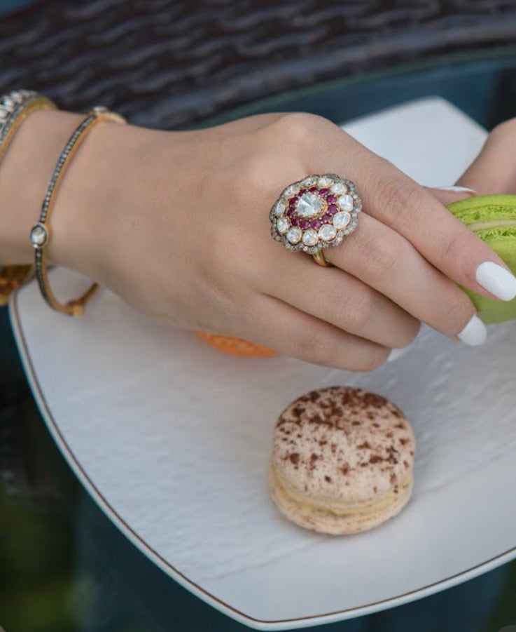 925 Silver Astrales Flower Ruby and Uncut Diamond Ring - Amrrutam