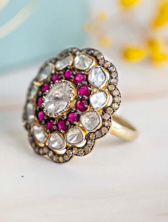 925 Silver Astrales Flower Ruby and Uncut Diamond Ring - Amrrutam
