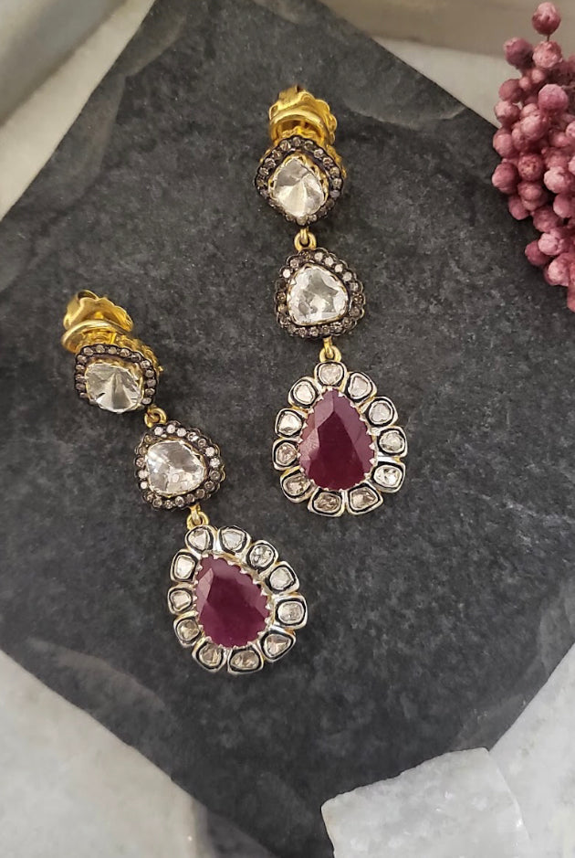 925 Silver Clara Ruby And Uncut Diamond Drop Earrings - Amrrutam