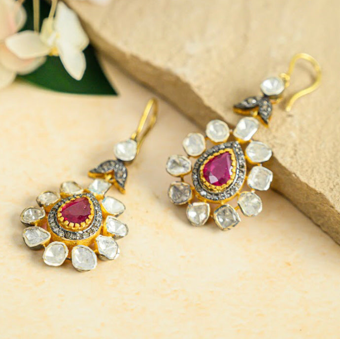 925 Silver Mehran Uncut Diamond Drop Earrings - Amrrutam