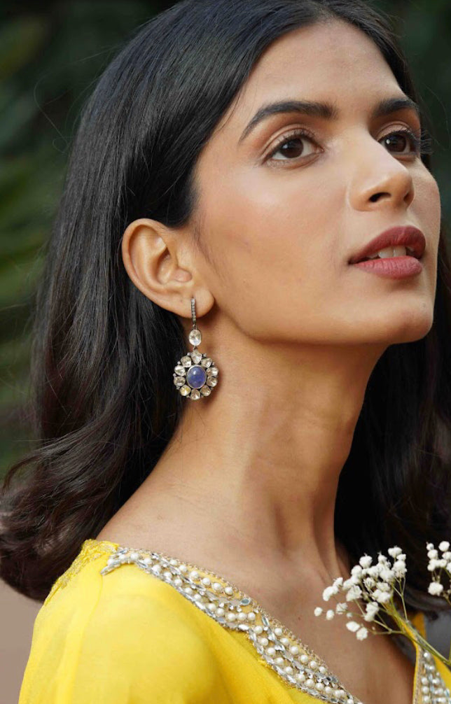 925 Silver Paulami Uncut Diamond Drop Earrings - Amrrutam