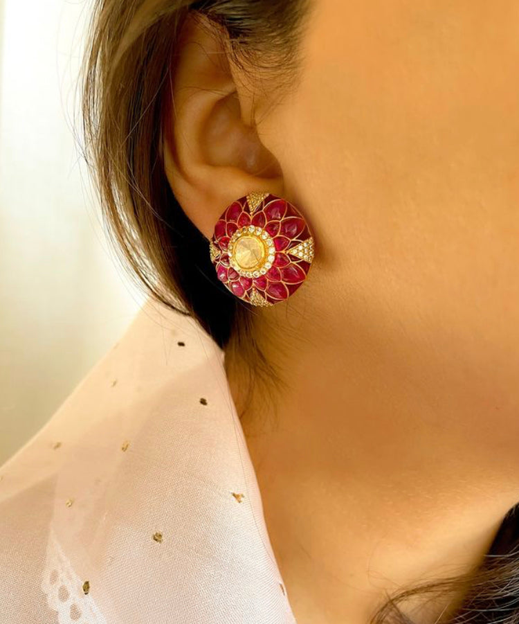 925 Silver Kameli Ruby Polki Stud Earrings - Amrrutam