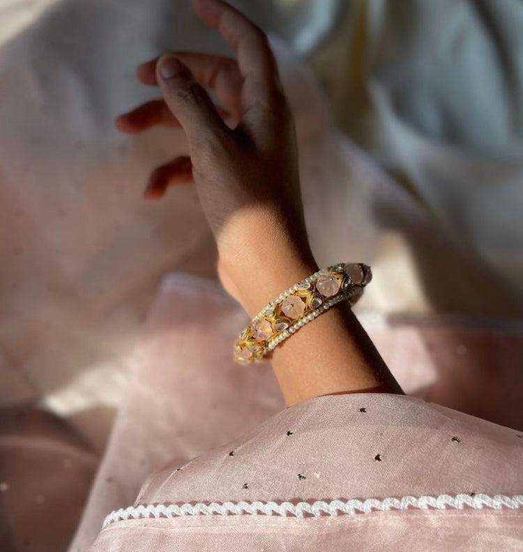 925 Silver Rose Quartz Polki Bangle - Amrrutam