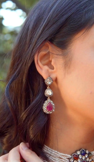 925 Silver Clara Ruby And Uncut Diamond Drop Earrings - Amrrutam