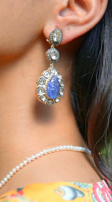 925 Silver Carved Tanzanite And Uncut Diamond Drop Earrings - Amrrutam