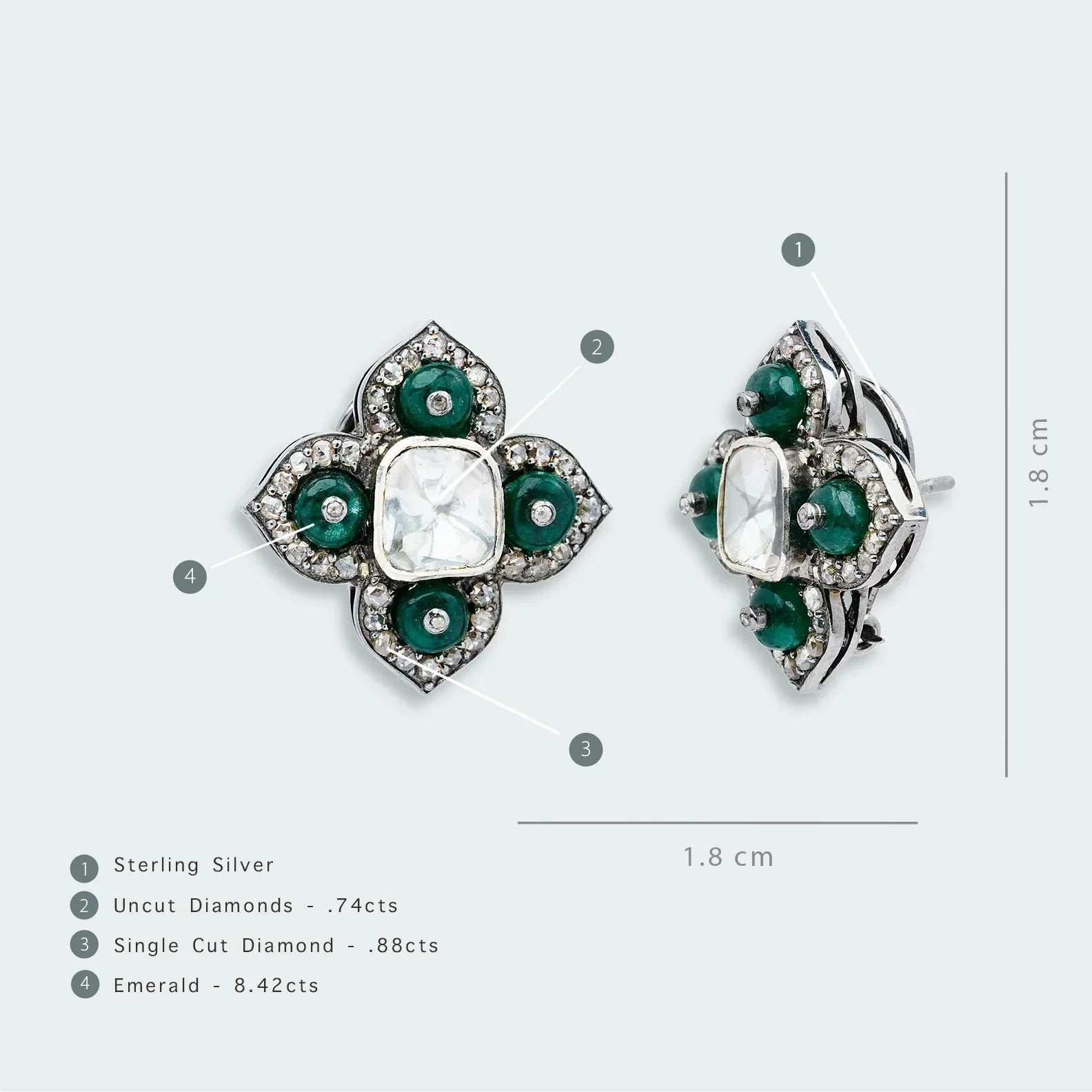 925 Silver Four Petal Emerald And Uncut Diamond Stud Earrings - Amrrutam