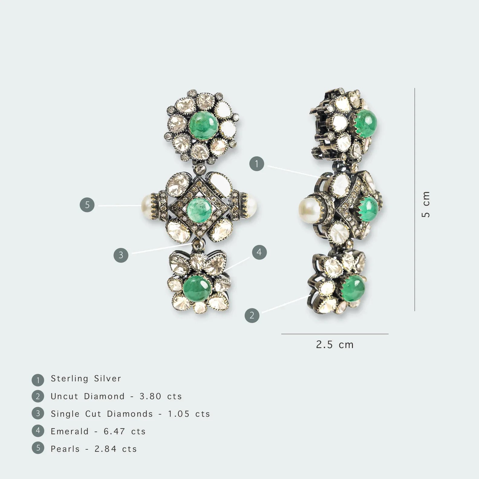 925 Silver Inishka Emerald And Uncut Diamond Drop Earrings - Amrrutam