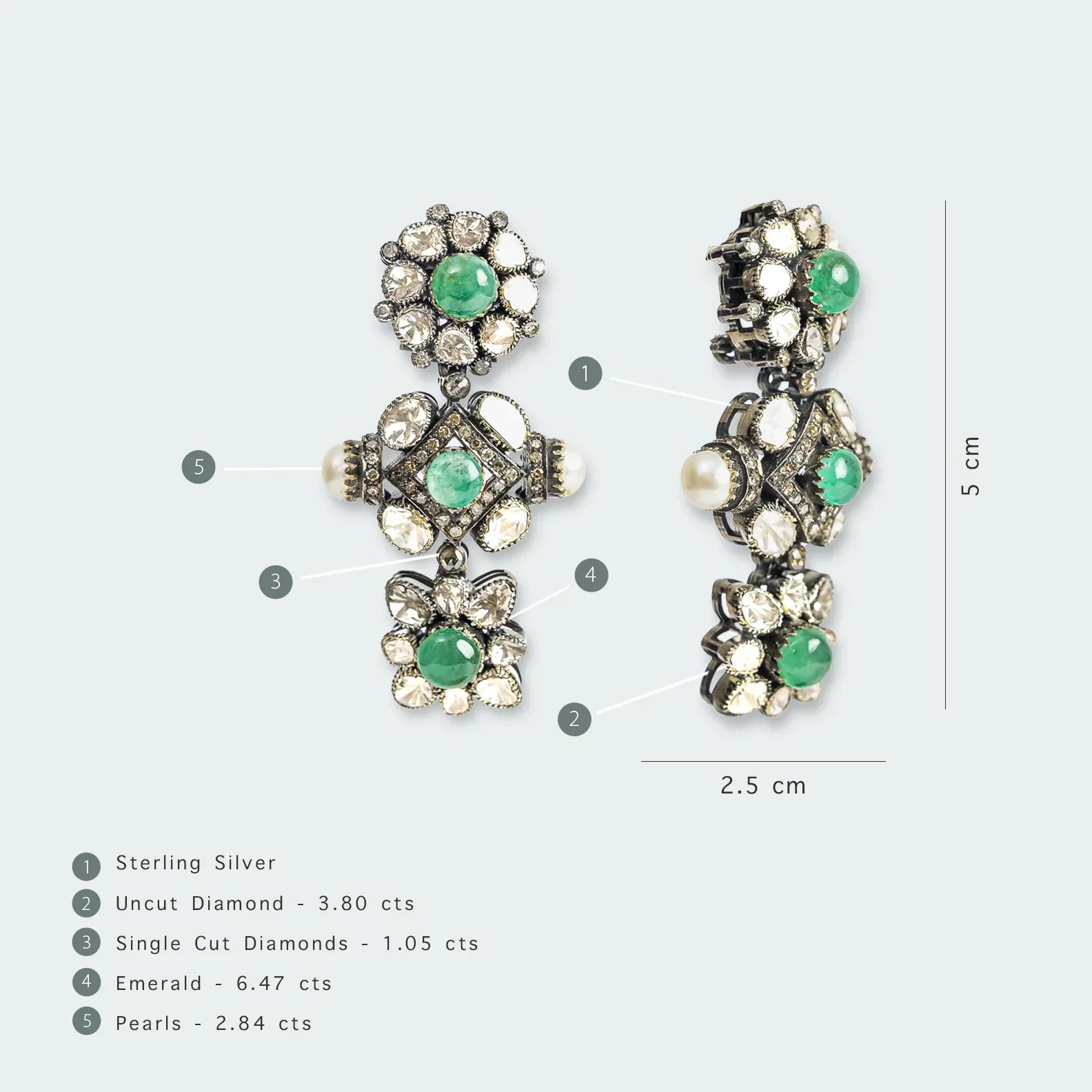 925 Silver Inishka Emerald And Uncut Diamond Drop Earrings - Amrrutam