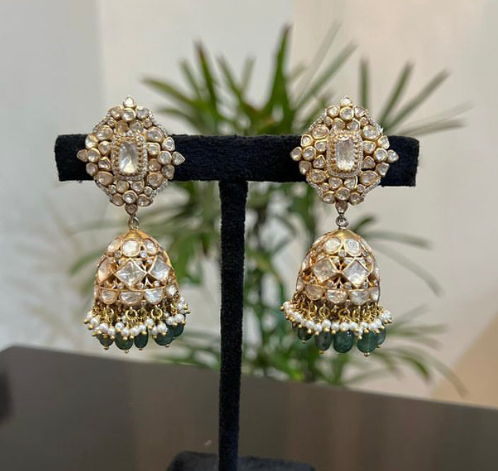 925 Silver Mewar Polki Jhumka Earring - Amrrutam Jewellery