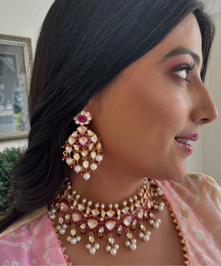 925 Silver Varshney Ruby Polki Festive Necklace Set - Amrrutam Jewellery