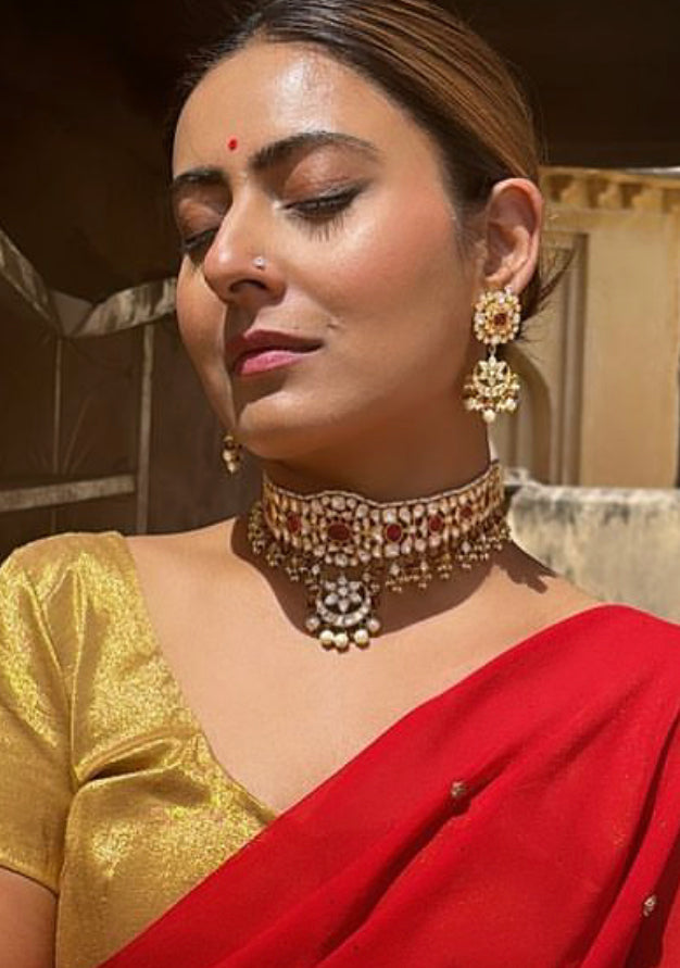 925 Silver Manasvi Ruby Polki Festive Choker Necklace Set - Amrrutam Jewellery