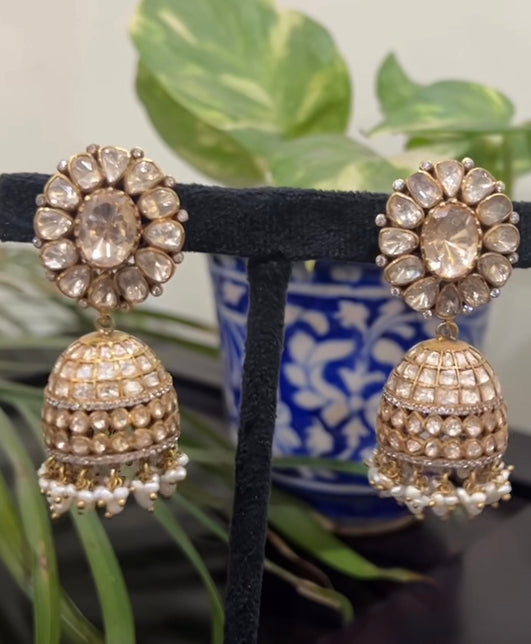 925 Silver Sarwa Polki Jhumka Earring - Amrrutam